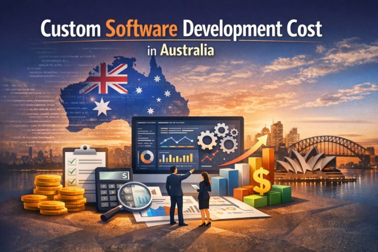 Custom software development cost in Australia with business dashboard and analytics illustration